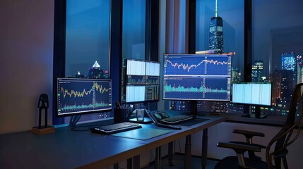 Modern Trading Desk with Skyline View