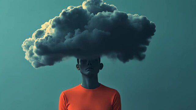 A person stands in front of a teal background with a large cloud covering their head