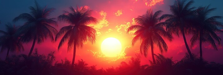 Obraz premium Tropical Sunset Silhouette, palm trees outlined against a vivid orange and pink sky, serene atmosphere, vibrant colors, peaceful escape