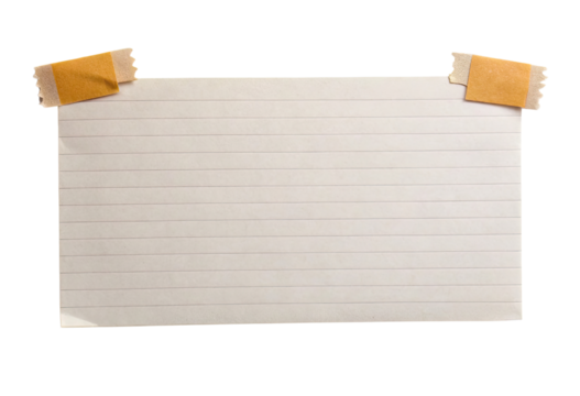 Blank lined notecard with tape at corners isolated with transparent background