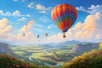 Naklejka premium Colorful Hot Air Balloons in a Picturesque Landscape