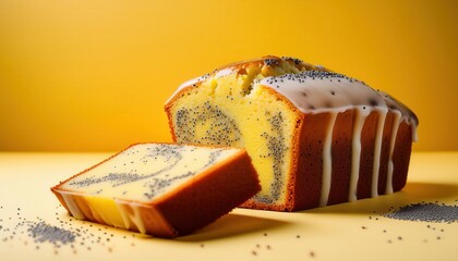 Festive Lemon Poppy Seed Loaf Cake with Drizzled Icing on Yellow Background. Christmas Holiday Dessert Concept, Perfect for Seasonal Advertising, Recipe Blogs, and Social Media Promotions
