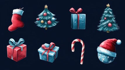 Watercolor Christmas set,Christmas decoration element,Surprise winter holiday realistic objects,Decoration elements for greeting cards banners,Merry Christmas and happy new year greeting concept.