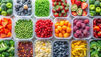 Freezer-friendly plastic containers hold frozen fruits and vegetables, perfect for organizing healthy meal prep and efficient storage solutions for nutritious eating throughout the week.