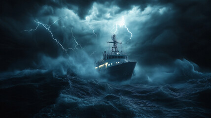 A ship caught in a night storm