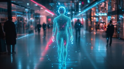 Fototapeta premium Digital human figure walking in a vibrant urban environment