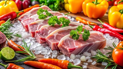 Fresh raw pork slices glisten on ice, framed by an array of vibrant vegetables, showcasing the essence of quality and freshness in documentary photography style.