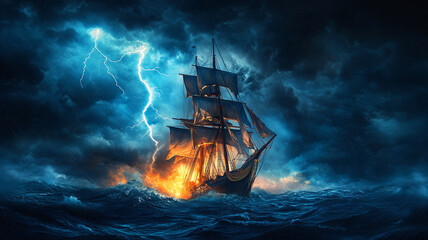 A ship caught in a night storm