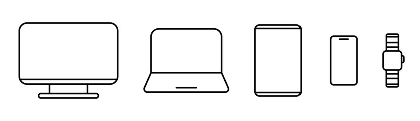 Set of Device Icons for Desktop, Laptop, Tablet, Phone, and Smartwatch