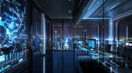 Modern Office with Cityscape View and Futuristic Interface