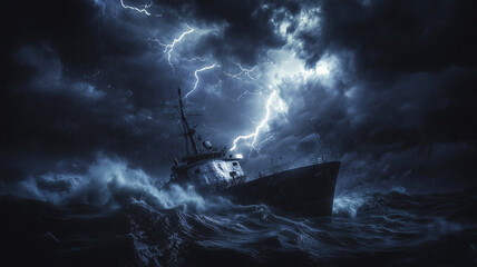 Fototapeta premium A ship caught in a night storm