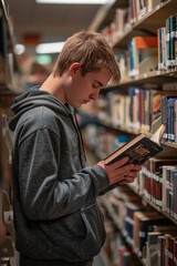 A young woman is seen reading a book in a library surrounded by bookshelves, fully engaged in her reading
