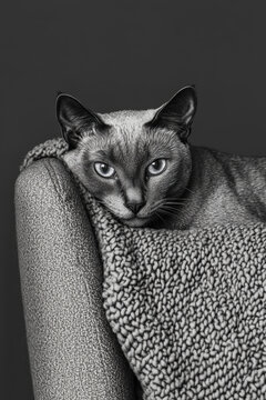 A sleek grey cat lounges comfortably on a textured armchair, capturing a moment of serene relaxation and elegance against a dark background setting.