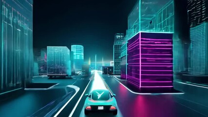 Vibrant neon cityscape featuring a stylized cyberpunk aesthetic. a dynamic city scene combines futuristic architecture with vivid lighting and hightech elements.