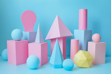 Fototapeta premium Pastel-colored 3D geometric shapes with negative space, suitable for creative banners, ads, product showcases, website headers, and branding materials