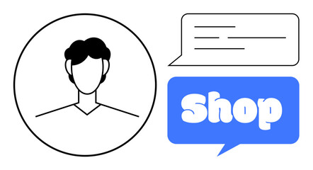 Features a faceless user profile within a circle and a speech bubble with the word Shop. Ideal for e-commerce, customer service, online shopping, communication, and user interfaces. Simple vector