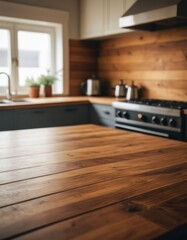 Wooden table top with blurred kitchen background for product photoshoot