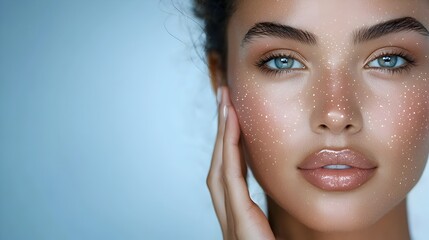 Fototapeta premium Glamorous Beauty Influencer Applying Shimmering Holographic Digital Makeup in a Sleek High Tech Futuristic Studio Setting