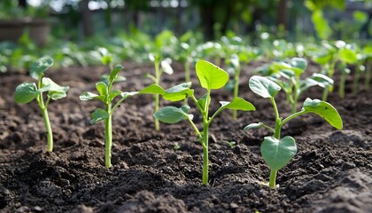 Young Green Plants Emerging from Dark Soil in a Garden