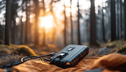Portable power bank resting on a blanket in a forest during sunset, symbolizing outdoor adventure and reliable energy solutions.