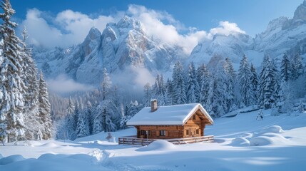 Fototapeta premium Snowy Mountain Cabin in Winter Wonderland