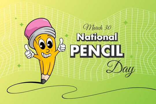 national pencil day, march 30, banner with groovy character pencil, happy pencil day banner design
