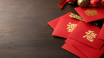 Red envelopes with gold symbols on a wooden surface, festive decoration.