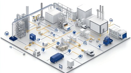Obraz premium Isometric Illustration of a Smart Factory with Connected Systems and Automated Vehicles