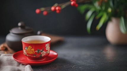 Tea cup on a saucer with herbs, elegant setup, warm ambiance, dark background.