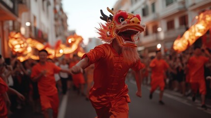 Naklejka premium Vibrant dragon dance performance during festive celebration in lively street atmosphere.