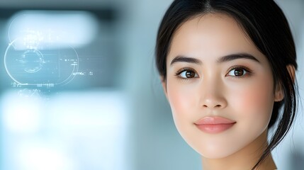 Fototapeta premium Futuristic Beauty Editor Showcases Glowing Makeup and Skincare Products Through Sleek Holographic Interface in Modern Studio Setting Digital Cosmetics Presentation in High Tech