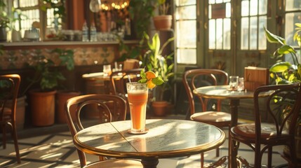 Sunlit Cafe Table with Orange Drink and Plants