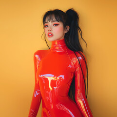 sexy and alluring anime style japanese mistress woman in latex or leather catsuit, cyberpunk