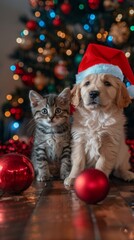 Kitten and Puppy Wearing Christmas Hats with Festive Decorations Generative AI