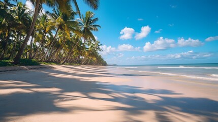 Fototapeta premium A beautiful beach with soft sand and palm trees casting shadows on the shore