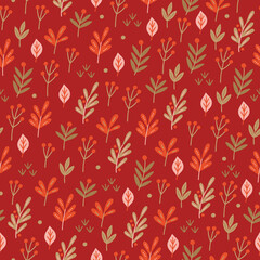 Christmas seamless pattern with leaves, berries, snowflakes on red background. Perfect for wallpaper, gift paper, winter greeting cards. Vector illustration