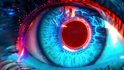 A close-up of a stylized human eye with vibrant colors and abstract patterns, creating a futuristic and surreal effect.
