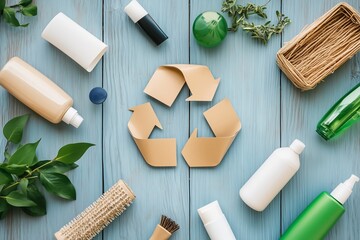 Recycling Symbol Surrounded by Haircare Plastic Bottles and Packaging on Blue Background. Eco-Friendly, Environmentally Sustainable Practices in Hairdressing and Beauty Industry. Sustainable Salons.
