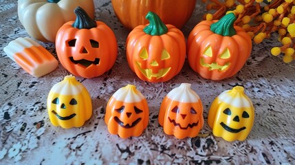 Halloween Candy Assortment - a colorful and festive display. The image showcases a variety of Halloween-themed candies, including corn and pumpkin shapes, perfect for the holiday spirit.