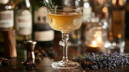 Elegant Cocktail with Herbal Garnish in Vintage Glass. National Harvey Wallbanger Day.