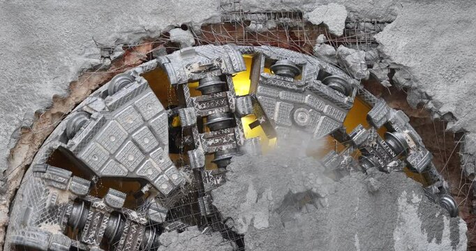 Tunnel boring machine(TBM) head on display at subway construction site ,underground infrastructure transportation