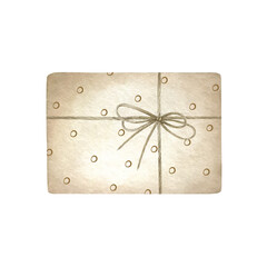 Gift box beige in polka dot colors tied with twine. Hand drawn watercolor isolated illustration for decoration, designs, birthday greeting cards and decors, compositions and festive packaging.