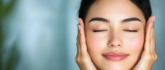 Obraz premium Serene Asian Woman Sitting with Her Hands on Her Head Coping with the Emotional Strain and Migraine Pain Through Mindful Contemplation and Therapeutic Self Care