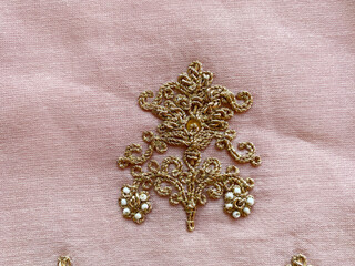 Intricate traditional hand marodi embroidered floral golden thread butta with white bead work