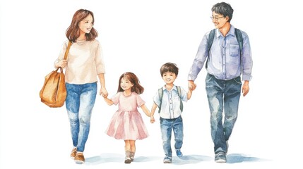 Fototapeta premium Happy Family Walking Together Watercolor Illustration. National Parents as Teachers Day