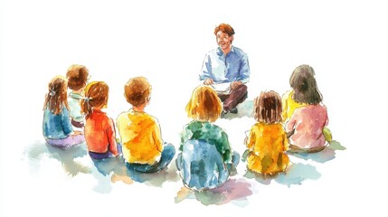 Watercolor Painting of Story Time with Diverse Children and Adult. National Parents as Teachers Day