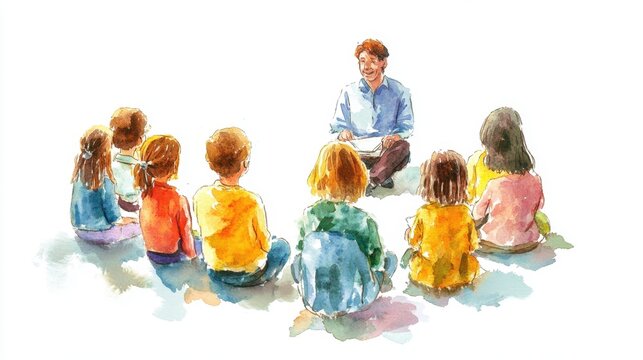 Watercolor Painting of Story Time with Diverse Children and Adult. National Parents as Teachers Day