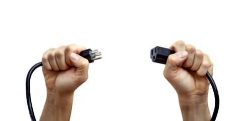Hands Holding the Connectors of a US Power Cord Isolated from Background