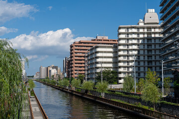 Obraz premium 河川に沿って林立するマンション群