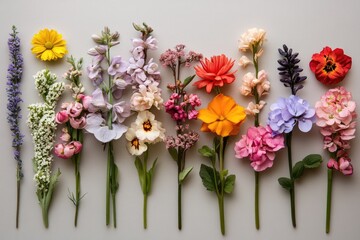 Obraz premium Colorful flower stems arranged on gray background creating a vibrant rainbow spectrum